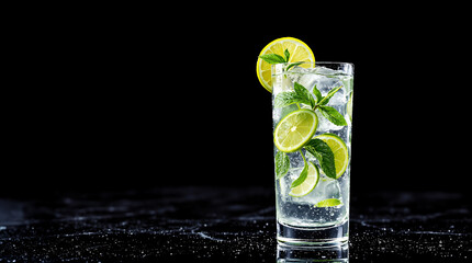 Cold mojito cocktail with ice, lime and mint leaves on transparent glass on black background.