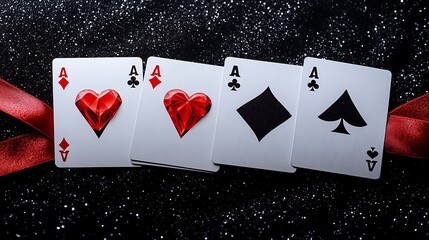 Four playing cards with red gemstone-like ace symbols.