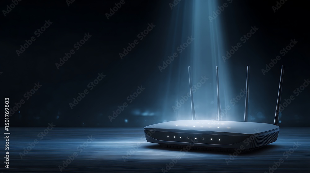 Poster generic modern high speed router for home secure networks and online communication high tech as wide
