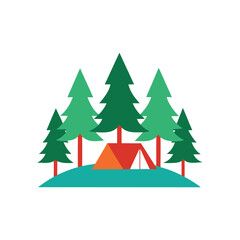 Obraz premium Camping tent in the forest with tall green trees illustration