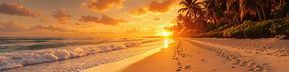 Sand beach with small waves, cloudy sky and palm trees. Panoramic background.