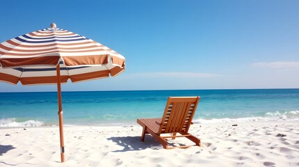 A white beach umbrella and a comfortable wicker chair are positioned on a sandy beach next to the turquoise sea under a clear blue sky. Travel concept