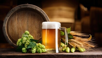 Rustic Beer Mug Surrounded by Fresh Wheat and Hops in a Cellar with an Old Wooden Barrel