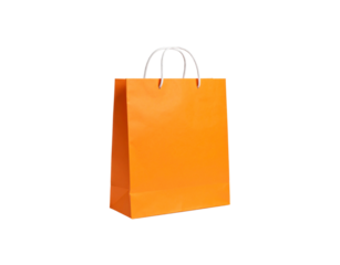 Vibrant orange paper shopping bag with white rope handles angled view