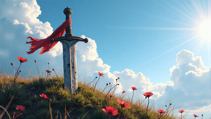 Ancient sword with red ribbon on hill with poppies against blue sky. Fantasy landscape digital art.