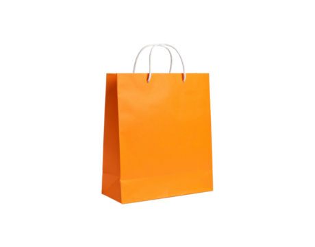 Vibrant orange paper shopping bag with white rope handles angled view