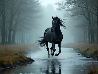 Black stallion galloping misty forest stream