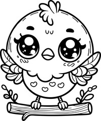 Obraz premium Adorable Cartoon Bird Coloring Page kawaii_bird_on_branch_coloring_page