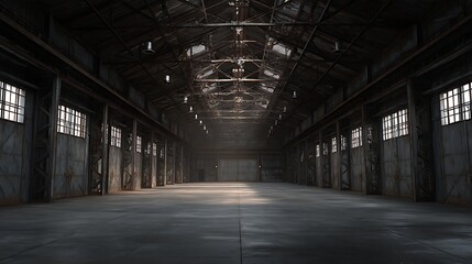 Empty old military hangar or warehouse storage hall