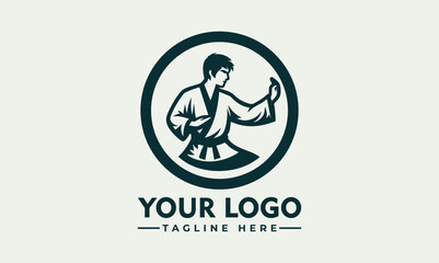 Karate martial artist performing high kick in dynamic pose inside circular emblem. Sports concept
