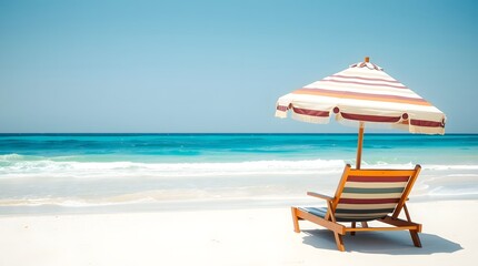 A white beach umbrella and a comfortable wicker chair are positioned on a sandy beach next to the turquoise sea under a clear blue sky. Travel concept