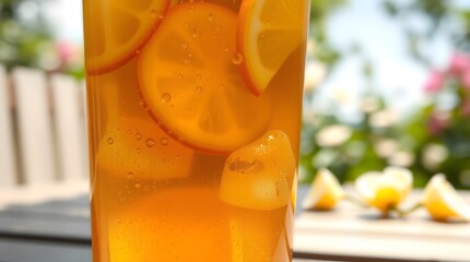 A refreshing cold glass of iced tea with lemon slices and a striped straw is sitting on a wooden table. Food concept