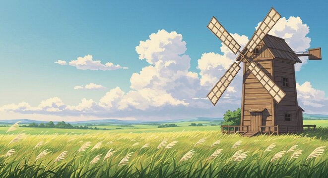 Serene Countryside with Windmill and Grassy Plains - Anime Art Background