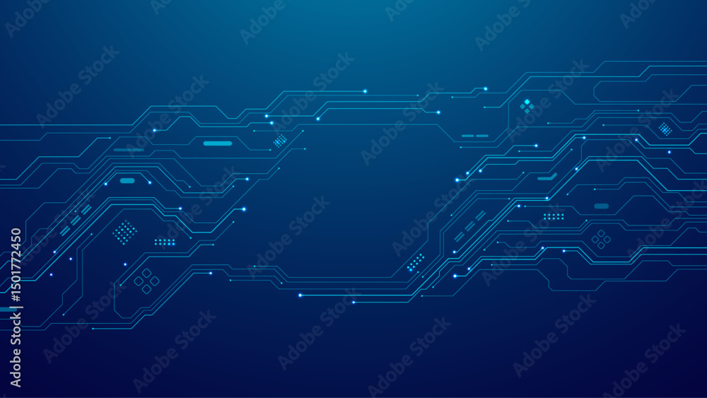 Leinwandbilder Abstract futuristic dark blue background with wires and circuit board elements. AI semiconductor. Concept of innovation in digital technologies. Ideal for use in presentation background. Vector. 