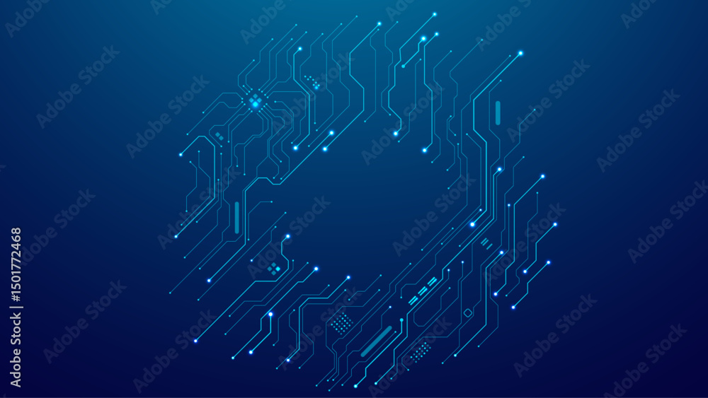 Aufkleber Abstract Circle circuit board with semiconductors and elements on a technology blue background. Digital futuristic electronics bg. Tech AI concept. Vector background for web banners and presentations.