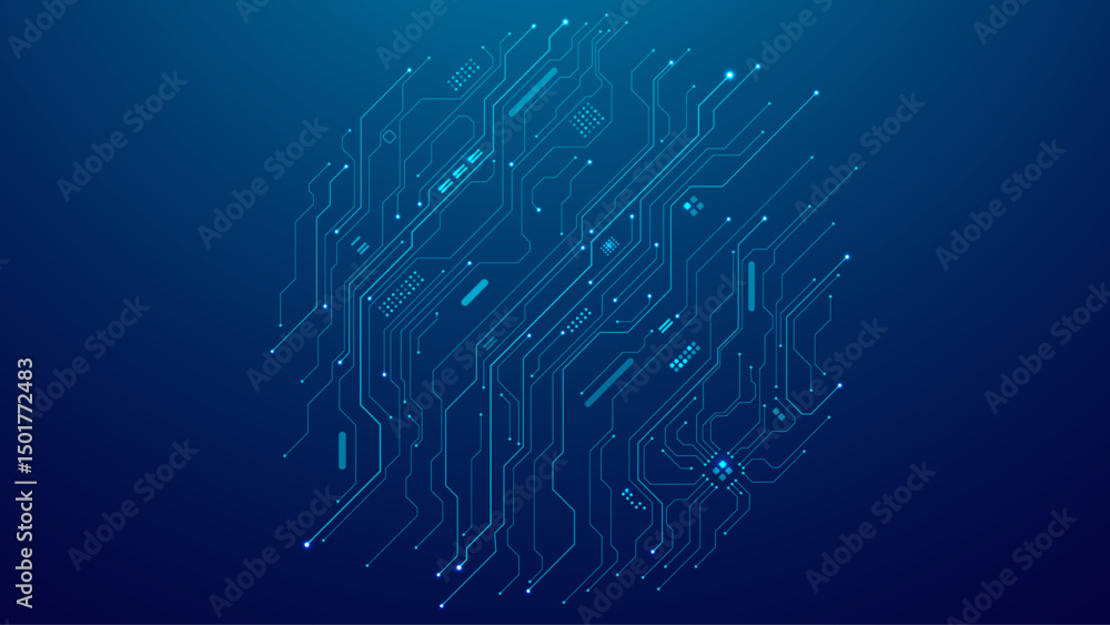 Fototapete Dark blue abstract tech background featuring wires and circuit board patterns. Represents a digital AI chip or semiconductor concept. Perfect for digital presentations and web banners. Vector tech bg
