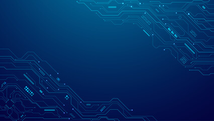 Abstract blue tech background with digital wires and circuit board elements. Futuristic AI chip integrated into a high-tech circuit design. Ideal for web banners and presentation backgrounds.