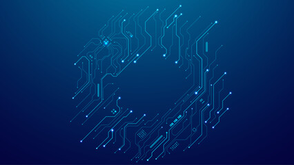 Abstract Circle circuit board with semiconductors and elements on a technology blue background. Digital futuristic electronics bg. Tech AI concept. Vector background for web banners and presentations.