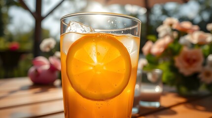 A refreshing cold glass of iced tea with lemon slices and a striped straw is sitting on a wooden table. Food concept