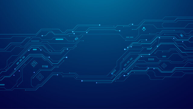 Abstract futuristic dark blue background with wires and circuit board elements. AI semiconductor. Concept of innovation in digital technologies. Ideal for use in presentation background. Vector. 