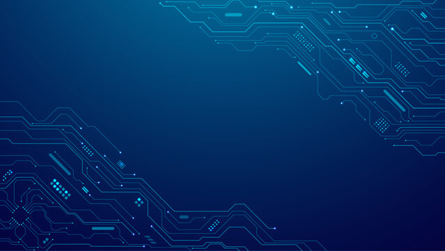 Abstract blue tech background with digital wires and circuit board elements. Futuristic AI chip integrated into a high-tech circuit design. Ideal for web banners and presentation backgrounds.