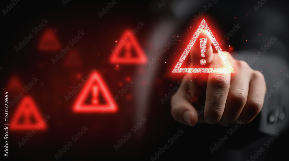 Poster a person points at a glowing red warning icon with an exclamation mark, symbolizing caution or alert