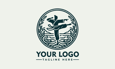 Karate martial artist performing high kick in dynamic pose inside circular emblem. Sports concept
