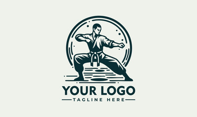 Karate martial artist performing high kick in dynamic pose inside circular emblem. Sports concept  © nuaari