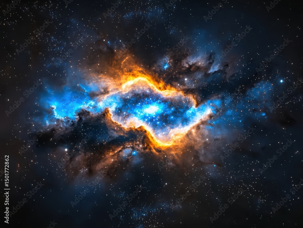 Poster exploring cosmic phenomena in the universe nebulae space digital art dark environment celestial view
