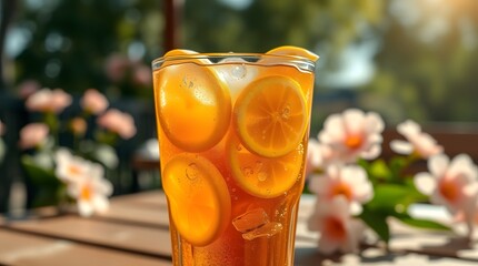 A refreshing cold glass of iced tea with lemon slices and a striped straw is sitting on a wooden table. Food concept