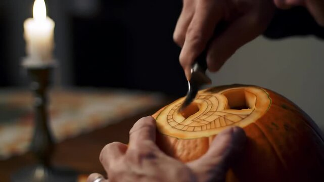 Close-up of hands skillfully carving intricate patterns into a pumpkin by candlelight during the halloween season. concept of craftsmanship, artistic expression, and festive creativity.