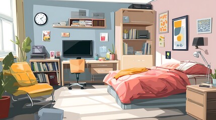 Bright youth dorm room with typical decoration and furniture as digital illustration