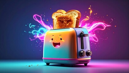 Whimsical toaster with smiley face launches golden toast into neon energy