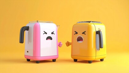 Animated kettle & toaster argue, cute but angry faces, vibrant yellow backdrop