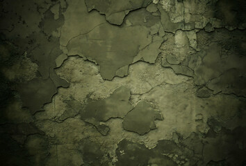 Dark olive color brown green old concrete wall surface. Cracked, broken, crumbled wall texture
