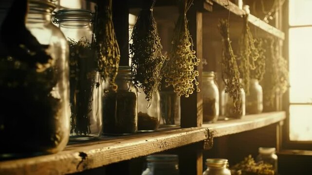 Witch herbs and potions on wooden shelf in magical apothecary for Halloween. Concept of witchcraft, dried plants for spells, natural elixirs, spooky remedies, dark cottagecore vibes