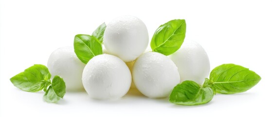 Obraz premium Fresh Mozzarella Balls with Basil Leaves Close Up on White Background Studio Shot Still Life Food Photography