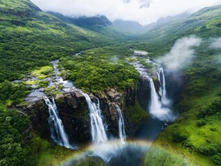 Fototapeta premium Majestic waterfall flowing through lush green valley nature photography aerial view serene environment