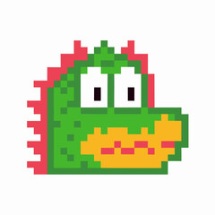 Pixelated dinosaur green with red spikes, nostalgic retro game