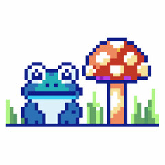 Pixel frog beside a large mushroom retro pixel art with vibrant colors, grass and whimsical charm