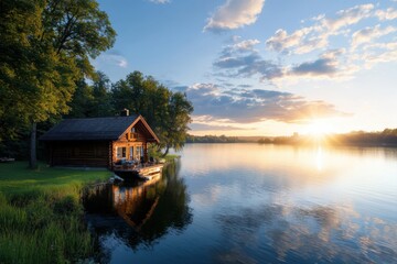 Fototapeta premium Tranquil sunset reflection at lakeside cabin nature photography serene environment idyllic viewpoint