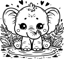 Cute Kawaii Baby Elephant in Jungle – Adorable Cartoon Coloring Page