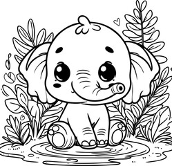 Cute Kawaii Baby Elephant in Jungle – Adorable Cartoon Coloring Page