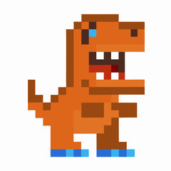Fototapeta premium pixel art dinosaur with blue eyes and shoes on white background, retro video game character
