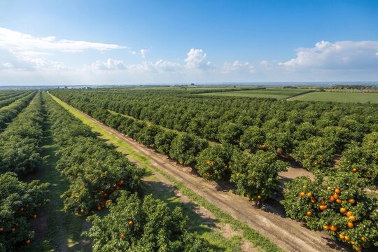 Expansive Orange Orchard with Rows of Citrus Trees - Powered by Adobe