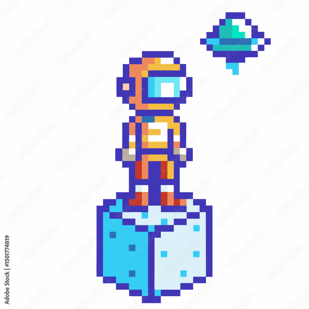 Poster pixel art astronaut on ice block with floating alien ship in retro gaming