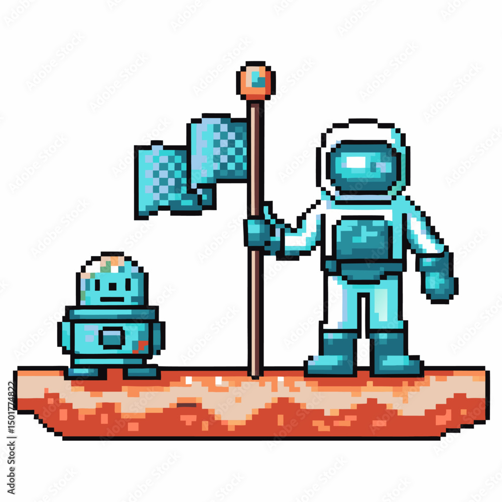 Poster pixel art space exploration astronaut and robot standing on a planet with a flag retro 8 bit adventu