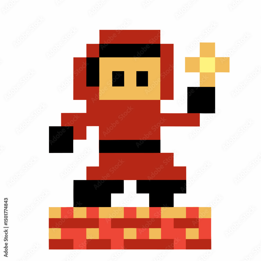Poster 8 bit retro video game character in red suit holding a power up on pixelated platform