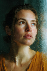 Portrait of a young woman looking up through a rain-streaked window expressing contemplation and serenity