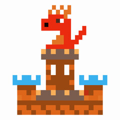 Pixelated castle tower with a red dragon and blue battlements, retro video game art